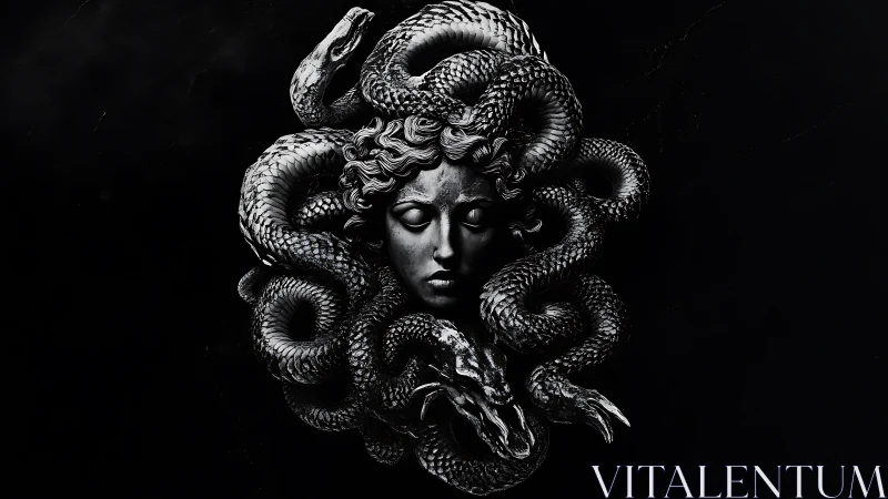 Serene Medusa portrait wrapped in midnight silver serpents.