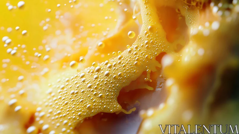 Macro view of yellow liquid surface with dispersed droplets.