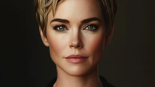 Striking short-haired woman rendered in lifelike digital detail.