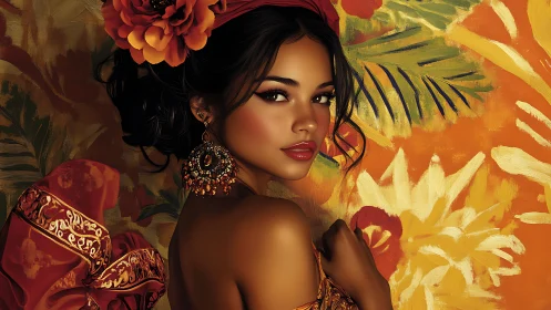 Tropical chromatic portrait with florally framed gaze focus.