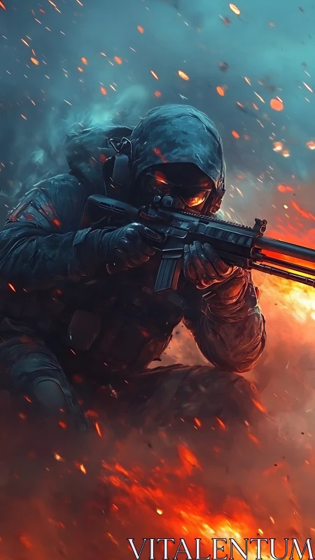 Hooded armed figure advancing through dense firestorm field.