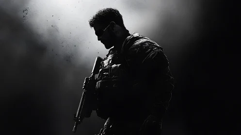 Tactical soldier silhouette holds rifle in dramatic backlight.
