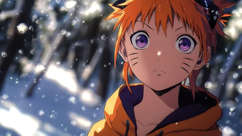 Snowlit orange-haired anime youth with luminous violet eyes.