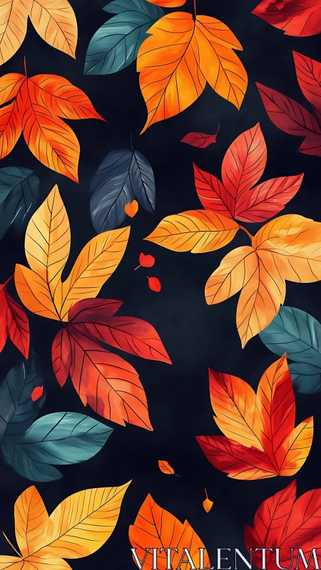 Autumn foliage pattern with multicolored leaves on dark background.