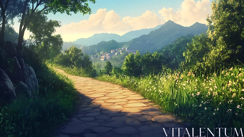 Sunlit stone path curves toward distant mountain village.
