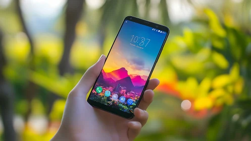 Modern Smartphone Displays Colorful Sunset Wallpaper.