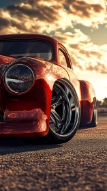 Crimson lowrider leans into sunset light like liquid chrome