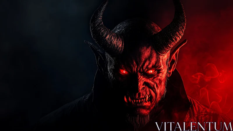 Demonic horned creature in red smoke with glowing eyes.