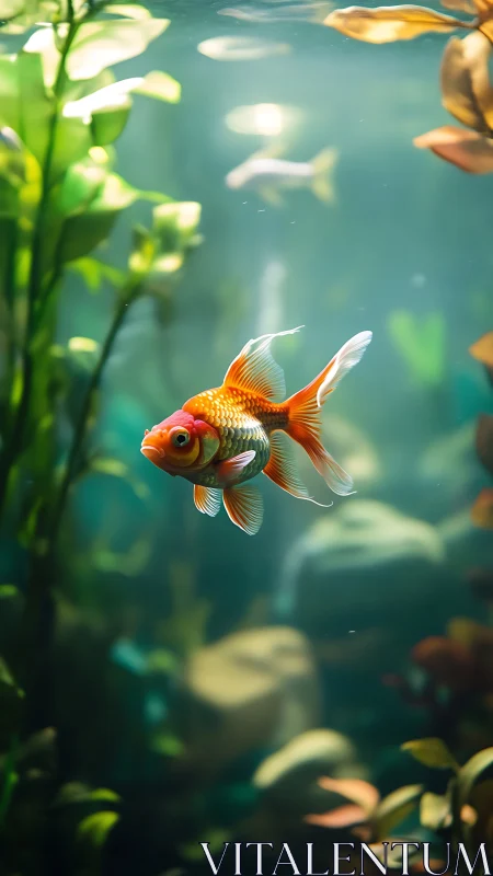 Goldfish swimming in lush planted aquarium scene.