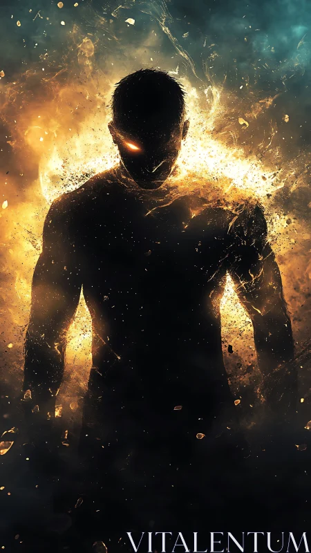 Fiery superhuman silhouette dissolving into molten embers.