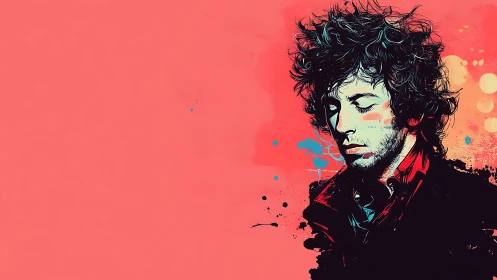 Portrait illustration of curly haired man on coral background.