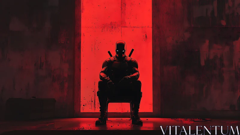 Brooding masked warrior sits poised in a bold red doorway
