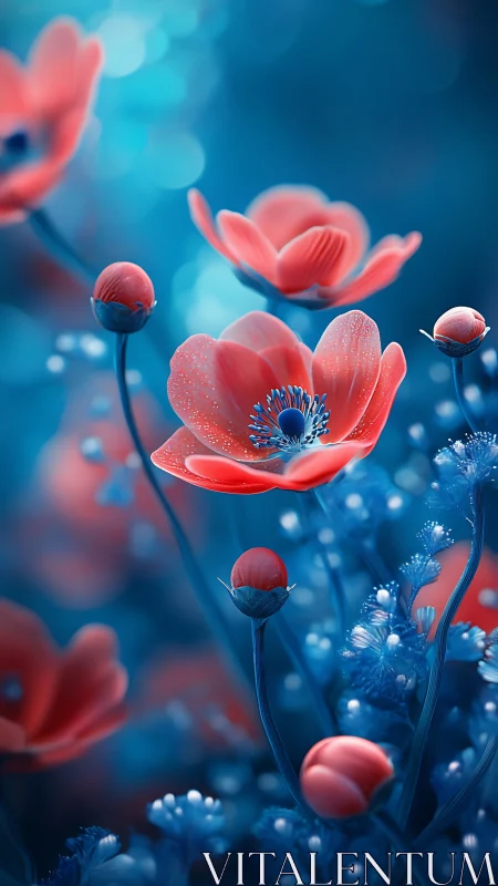 Gentle coral blossoms glow softly against deep blue dream