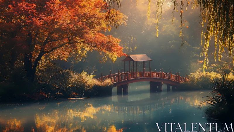 Autumn garden bridge spans misted river in cinematic soft light