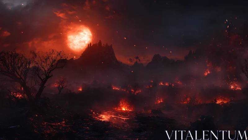 Apocalyptic landscape with crimson sun and burning terrain.