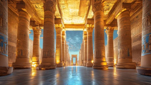 Golden dusk strolls between hieroglyphic giants of stone