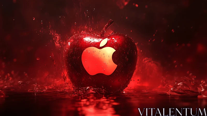 Glowing red apple logo merges with splashing liquid fruit