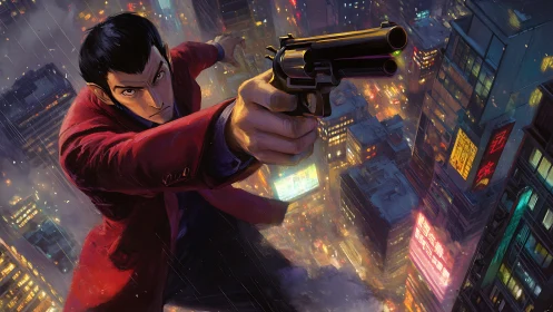 Daring rooftop leap sends a bold gunman into neon night