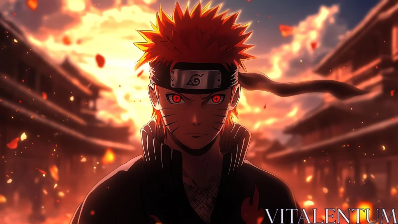 Anime ninja figure stands before burning village backdrop