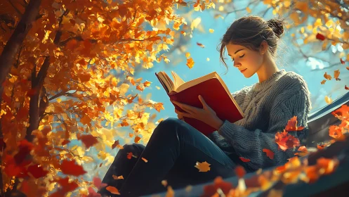 Woman reading book outdoors under autumn foliage canopy.