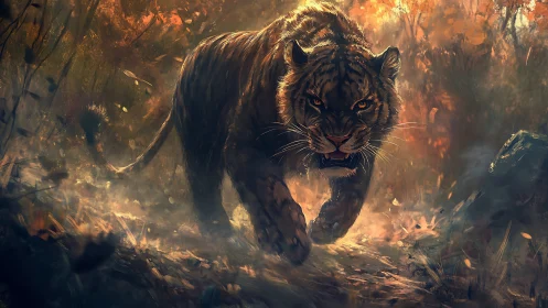 Fierce forest tiger strides through glowing autumn mist.