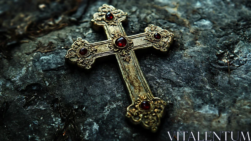Weathered golden cross resting like a relic on rugged stone.