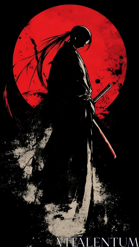 Silhouetted samurai stands before blood-red sun in chiaroscuro