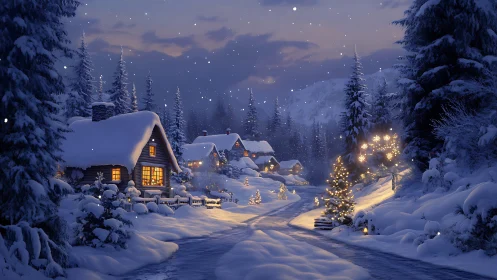 Snowlit cabin lane wrapped in twinkle-lit winter hush.