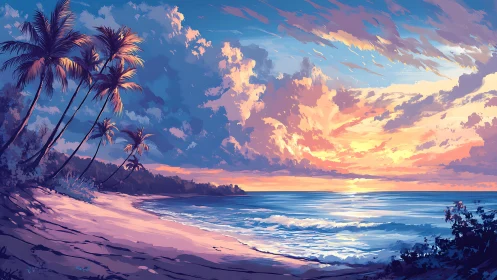 Sunset clouds over tropical beach with leaning palm trees.
