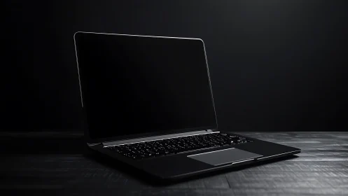 Sleek black laptop computer on dark wooden desktop.