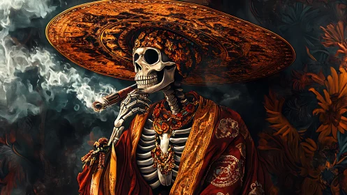 Skeletal dandy in baroque sombrero exhaling cigar smoke.