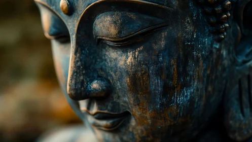 Macro study of weathered bronze Buddha face with shallow depth of field