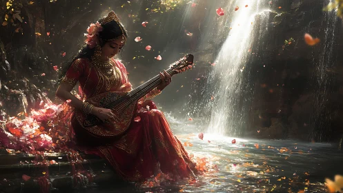 Melodic waterfall moment as a serene musician strums sitar