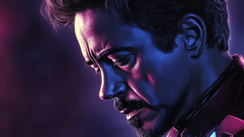 Neon sorrow carves quiet resolve across a hero’s profile