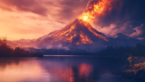 Lava-illuminated volcanic eruption above reflective lake surface.