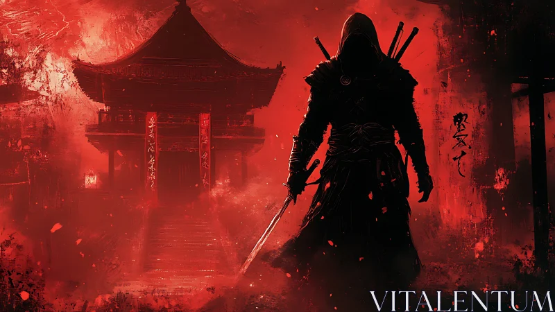 Hooded samurai stalks a blood‑red temple under shadowed skies.