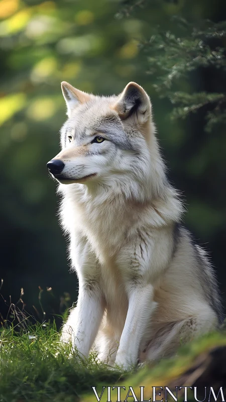 White wolf rests in soft forest light, watching the distance.