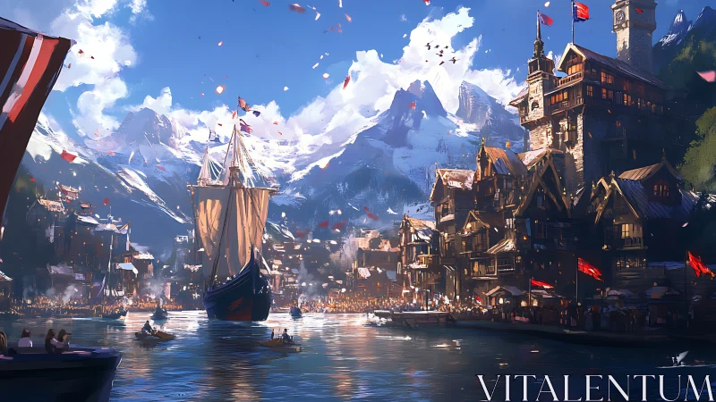 Sunlit alpine harbor festival rendered in dynamic digital painting