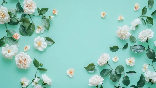 White camellia flowers and leaves border a plain teal background