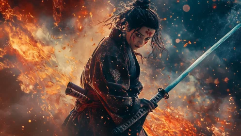 Fierce warrior poised in blazing embers and drifting ash.