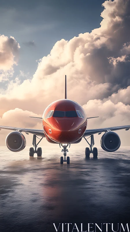 Crimson jet awaits takeoff beneath sculpted stormlit clouds.