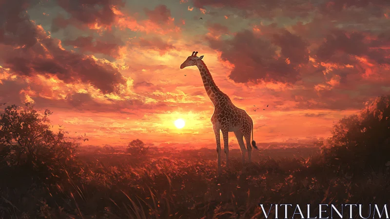 Giraffe silhouette on savanna horizon under fiery sunset sky