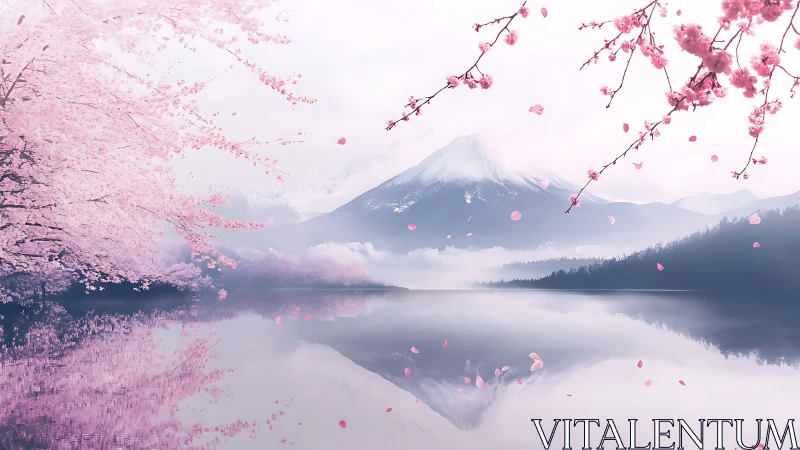 Cherry blossom whispers cradle a mirrored mountain dawn