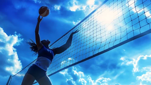 Outdoor volleyball player jumps near net under bright sky.