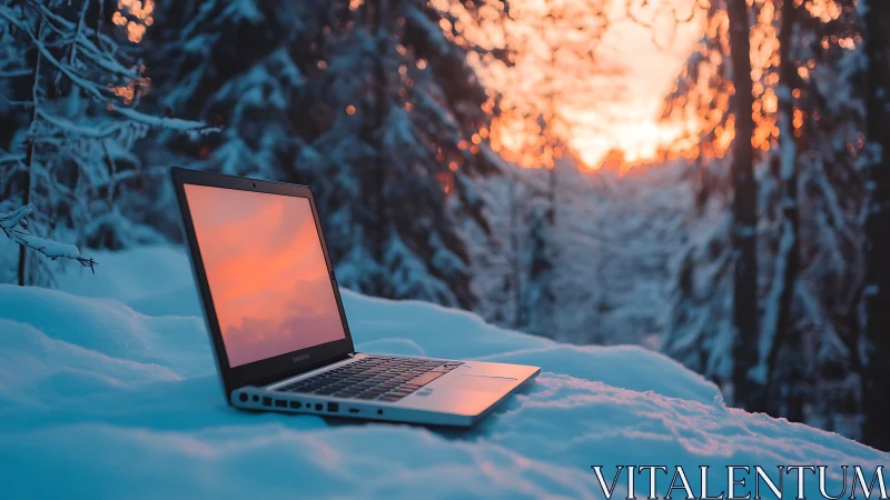 Ultrabook on snowbank reflecting vivid winter forest sunset