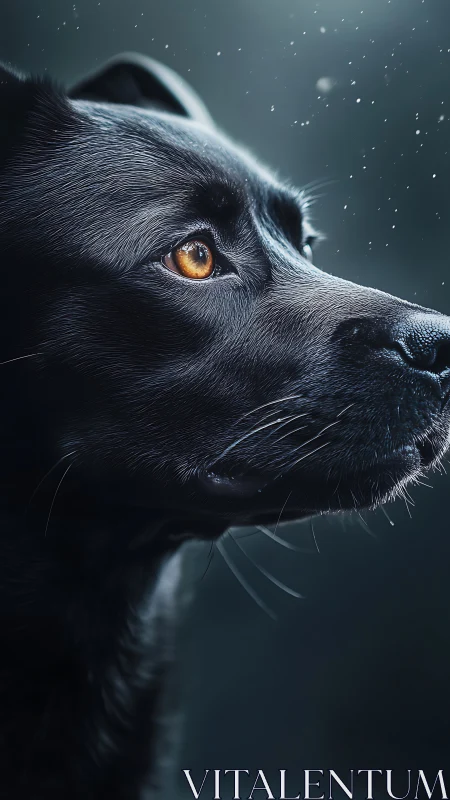 Glistening midnight hound watching snow drift in silence.