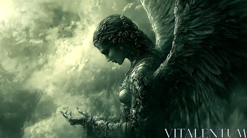 Seraphic stone angel in emerald storm-lit atmospheric clouds.