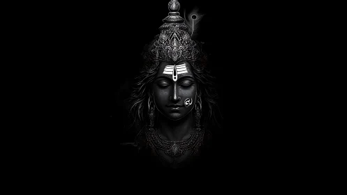 Monochrome divine visage with intricate noir ornamentation.