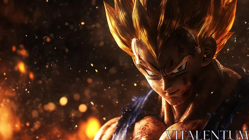 Fierce golden warrior rising from glowing embers with resolve.