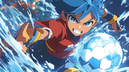 Energetic blue haired soccer hero charging with water power.
